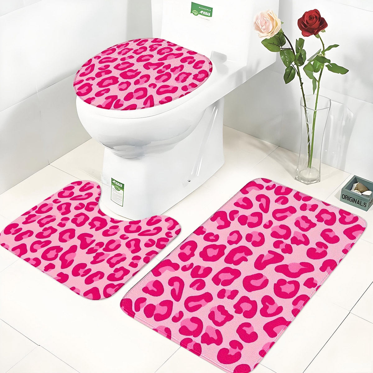 TEMU 3pcs Pink Leopard Print Bathroom And Toilet Cover Set Suitable For Bathrooms, Non-slip Floor Mat With U-shaped Base & Toilet Lid Cover, Soft