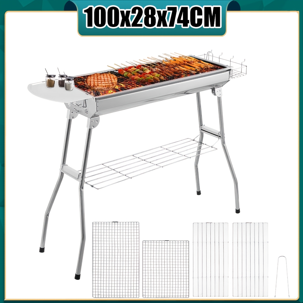 Image of Charcoal Grill, 100 X 28 X 74cm, Folding Grill, Camping Grill, Picnic Grill, Made Of Stainless Steel, Grill With Pan, Storage Basket And Storage Plate, For 4-8 People, Complete Additions