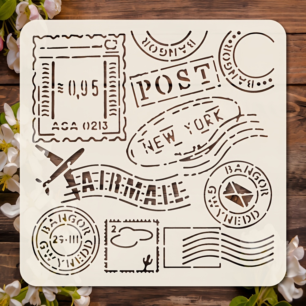TEMU 1pc Vintage Postage Stamp Stencil, 5.9 X 5.9 Inch Reusable Painting Template Featuring Airplane, Post, , Postage - Themed Patterns, Ideal For