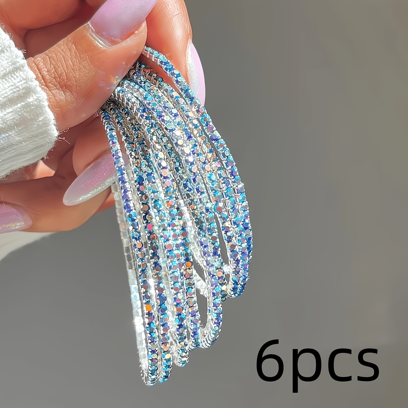 Image of 6pcs Sparkling Rhinestone Stretch Bracelet Set Colorful White- Bling & , Perfect For Parties, Holidays, And Casual Attire