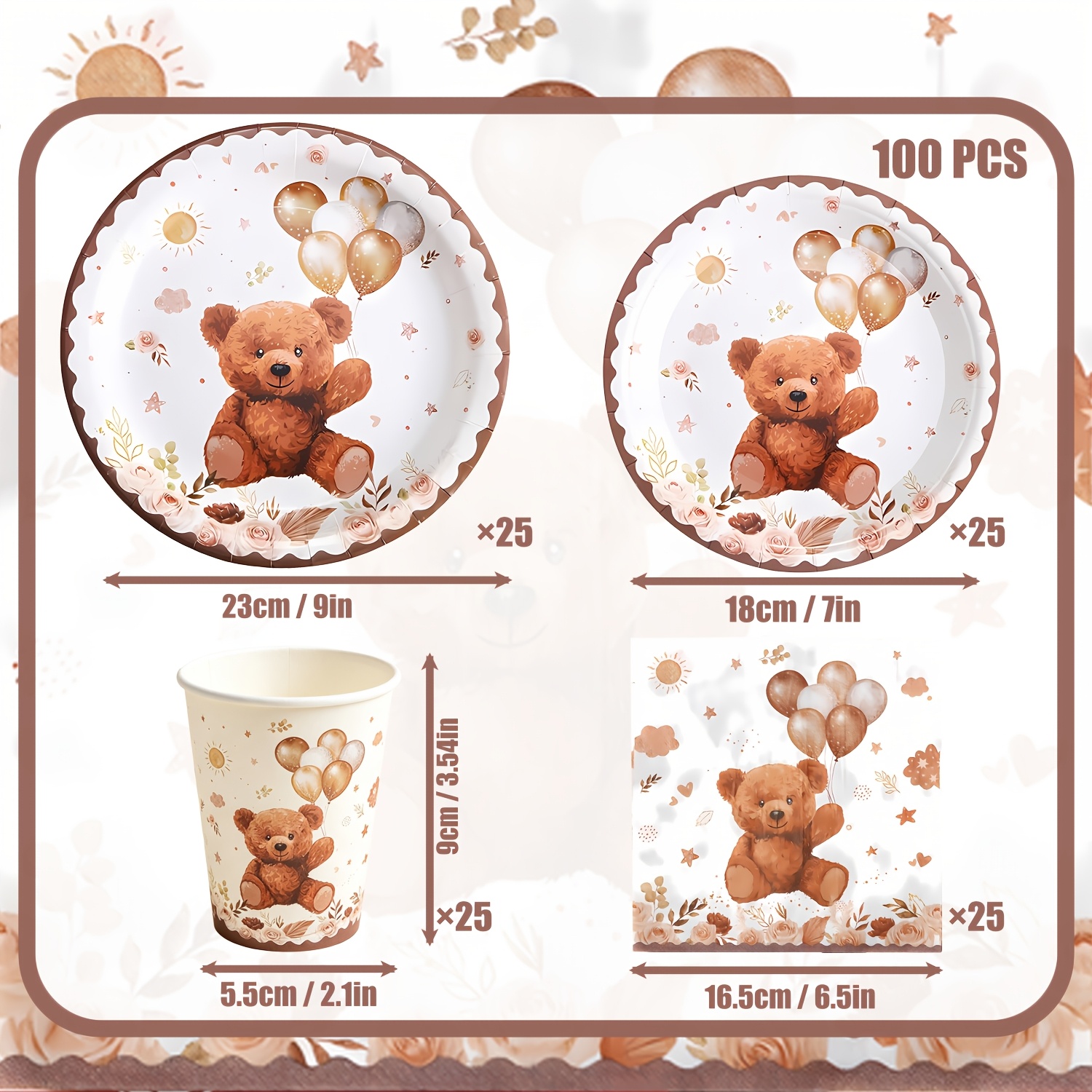 TEMU 300gsm 100pcs Teddy Bear Balloons Party Tableware Supplies Set Perfect For | Cute Boho Brown Bear Scalloped Edge Theme | Disposable Paper Dinner