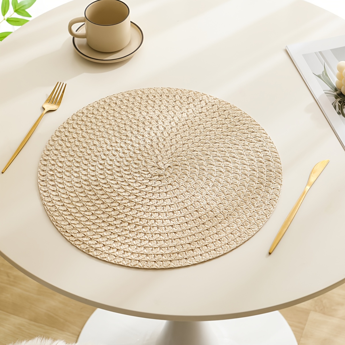 

2/4/6pcs Linen Placemats Set, Round Woven Table Mats, 100% Linen Heat-resistant Washable Dining Decor, Checkered Pattern For Home & Kitchen Use