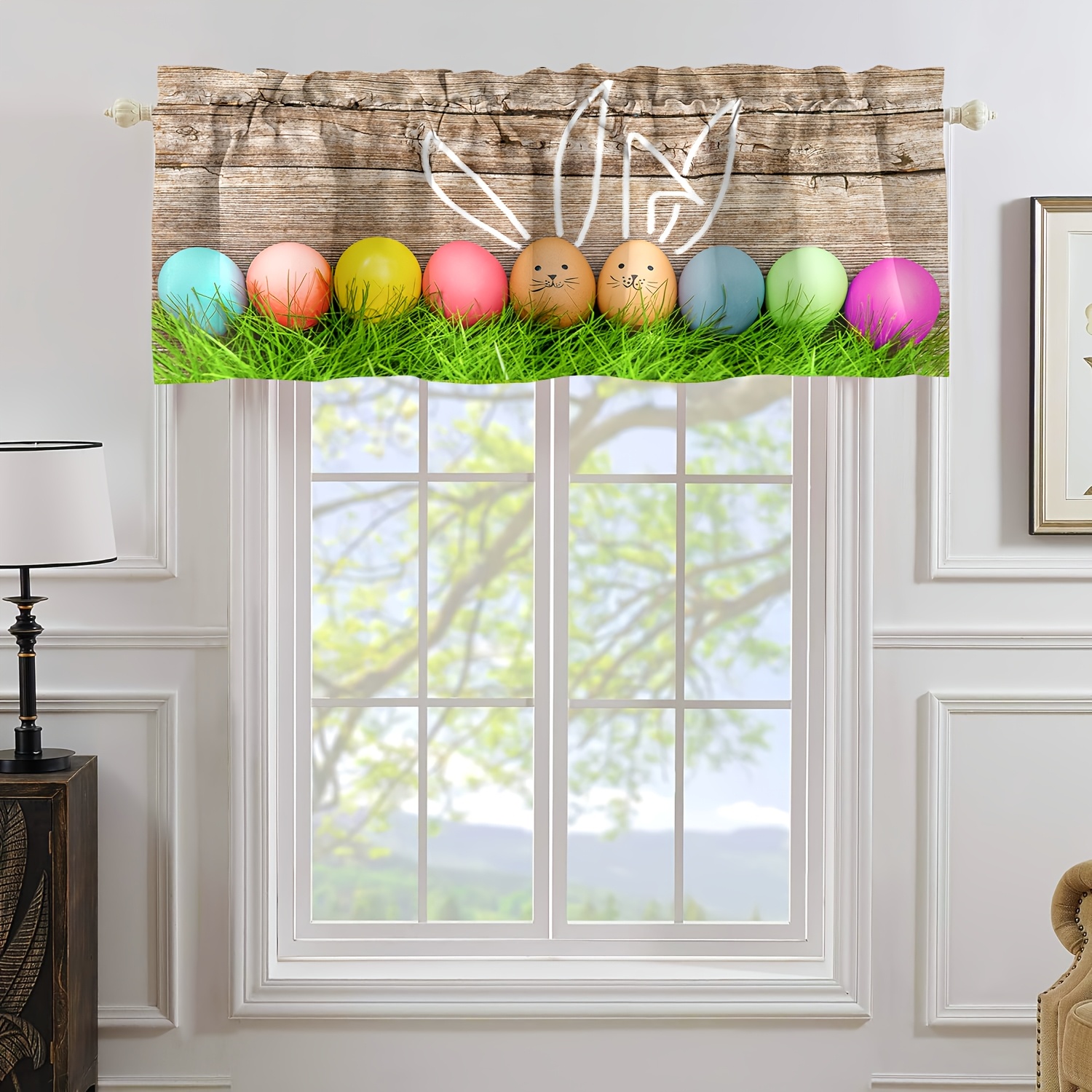 

Easter Bunny & Egg Valance - Rod Pocket Polyester Curtain For Kitchen & Living Room, Machine Washable, 52"w X 18"h