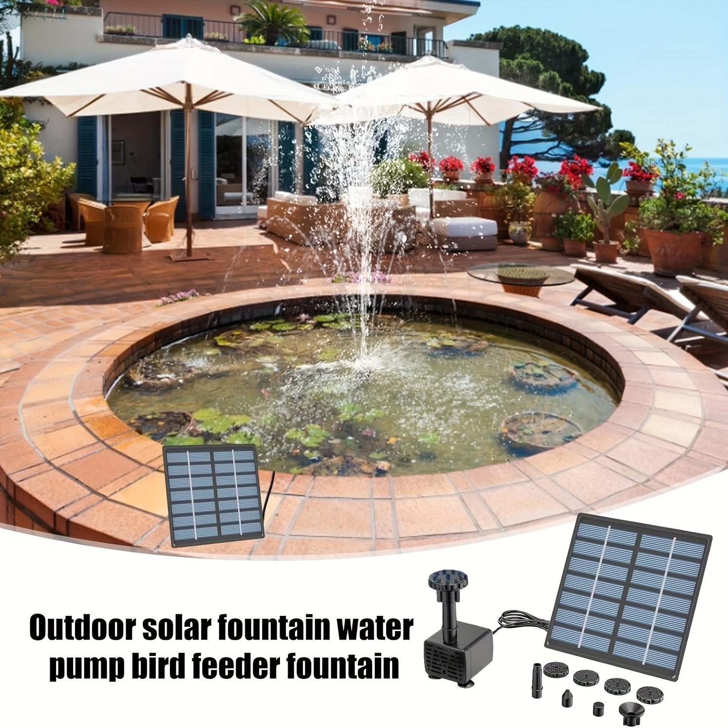 Solar Fountain Pump For Bird Bath – 6 Nozzle Set, Plastic Construction, Solar Powered Outdoor Water Pump For Garden Ponds & Birdbaths