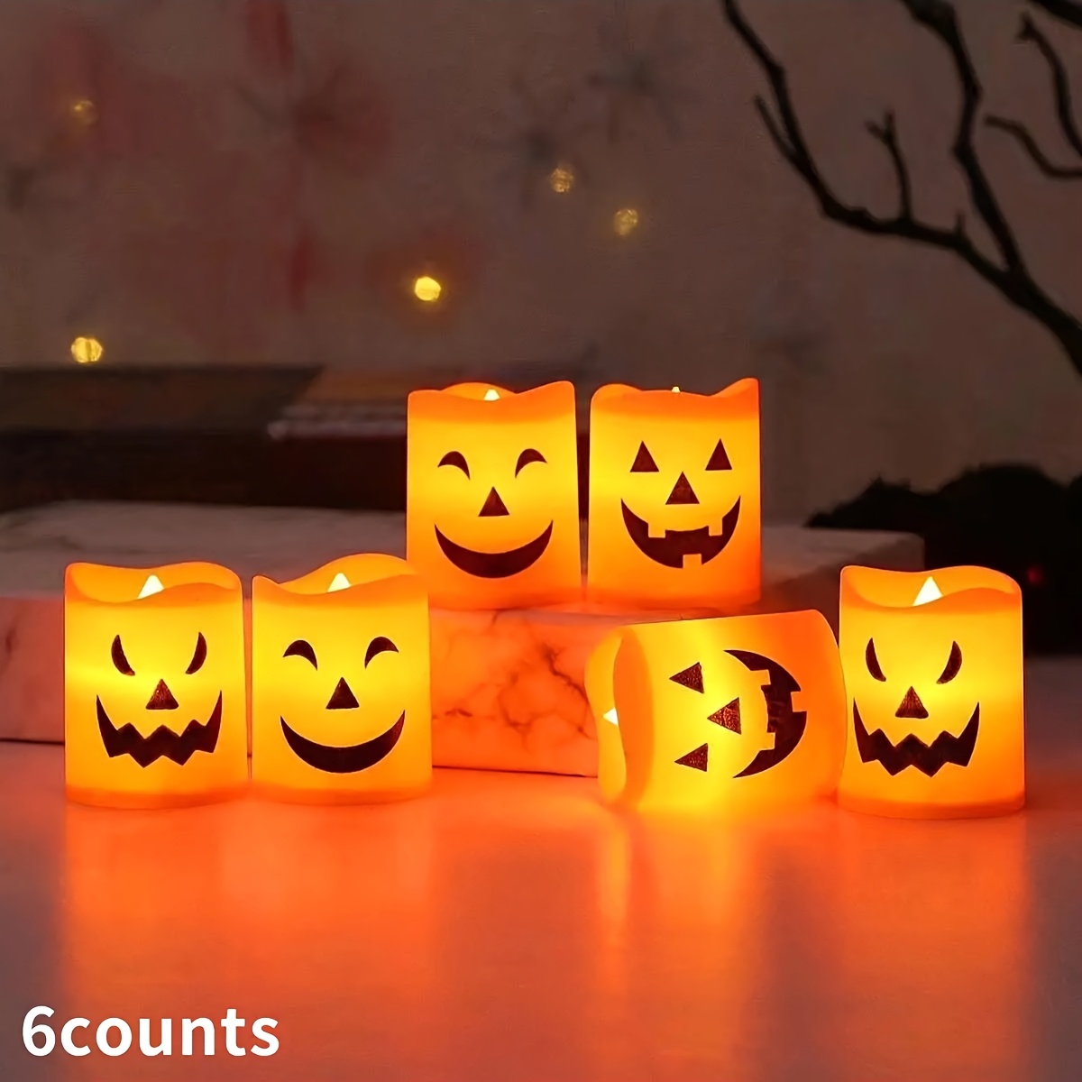 Image of 6 Led Pumpkin Candles With For Halloween Faces, Perfect For A Festive Atmosphere And Decorating For Halloween