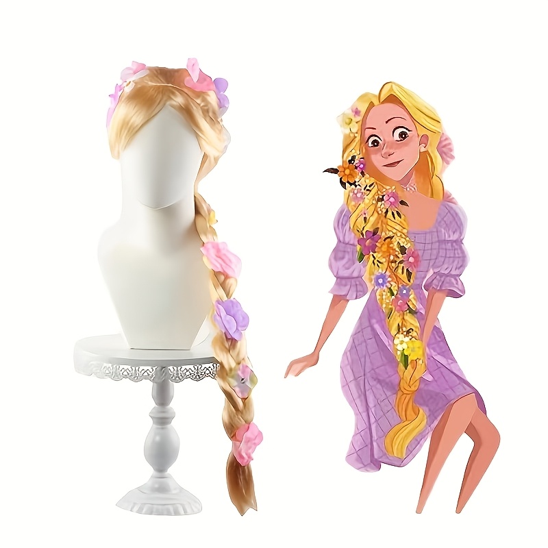 TEMU Golden Long Wig—elegant Purple And Yellow Floral Accents, Suitable For All Hair Color Types, Ideal For Princess-themed Parties, , Golden Braided