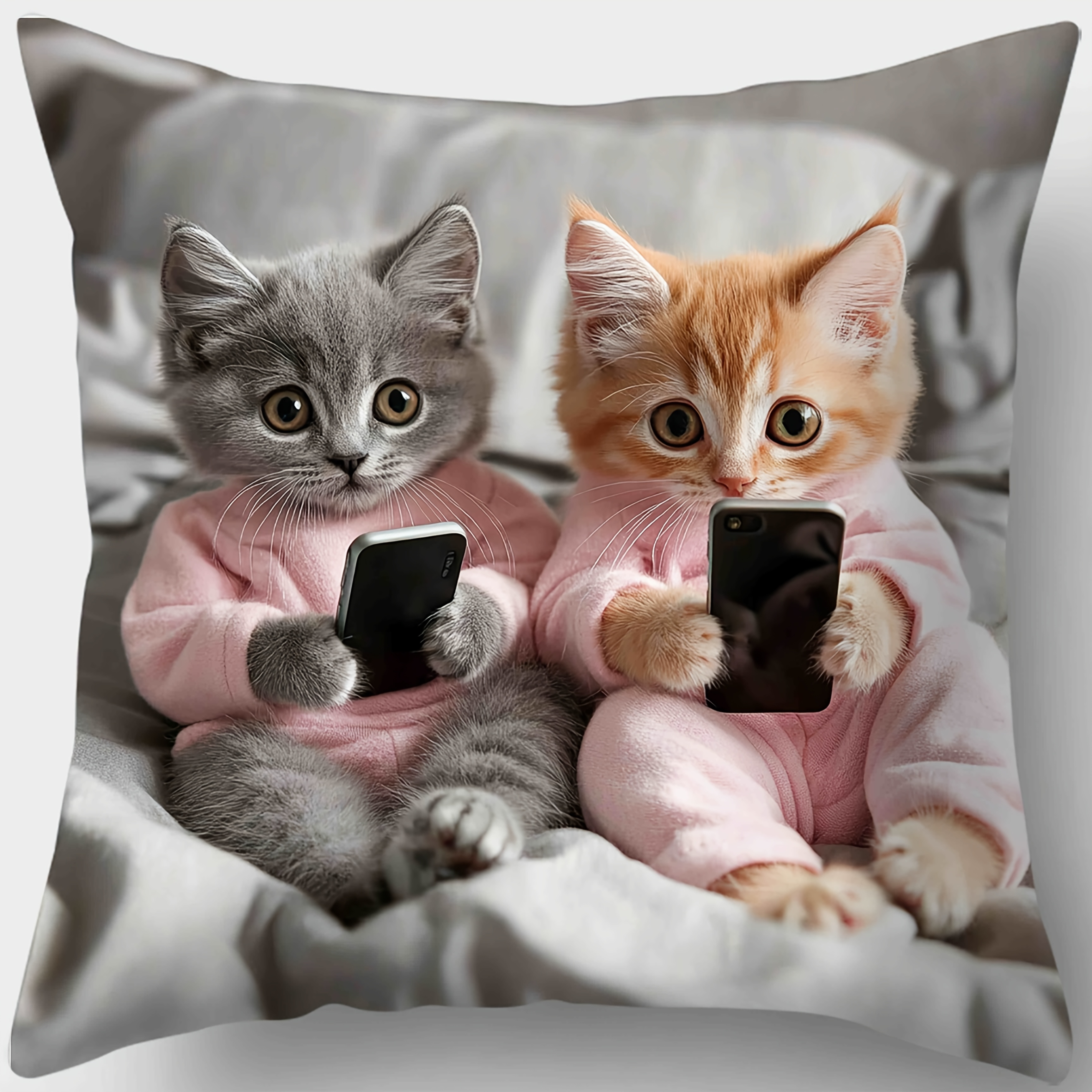 TEMU 1pc Cozy Cat Print Throw Pillow Cover - Adorable Kittens In Pink Pajamas With Smartphones, 17.72" Square, Soft Polyester, Zippered, Machine