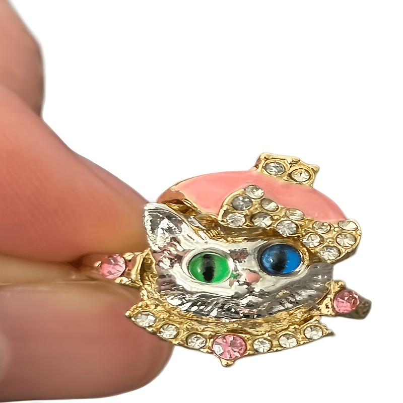 TEMU 1pc 3d Heterochromia Kitten Inlaid Sparkling Synthetic Adjustable Size Ring, Sweet , Suitable For Daily Wear, Ideal Gift For Valentine's Day,