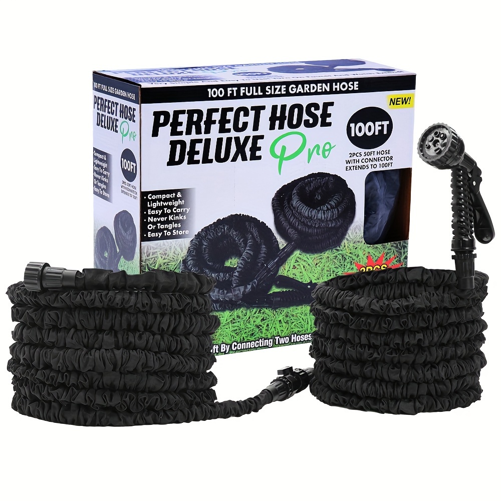 2pcs 50ft expandable garden hose with connector extends to 100ft retractable stretch water hose with 7 function spray nozzle lightweight flexible hose with 3 4 inch fittings and 3 layer latex core for outdoor watering car washing yard cleaning