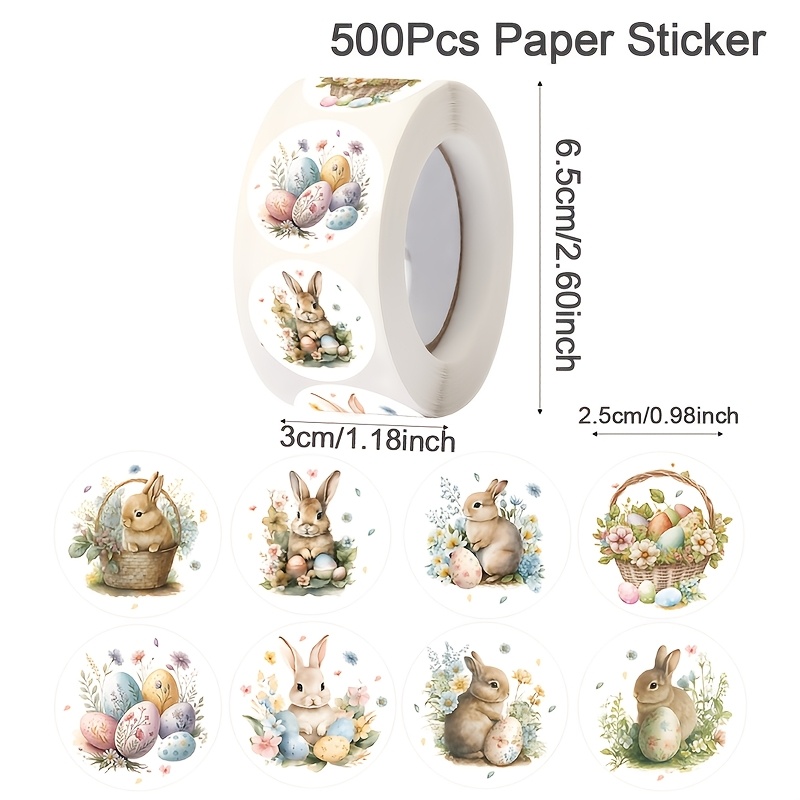 Image of 500pcs/roll Vintage Easter Bunny & Stickers - Watercolor, Chicks, Eggs, Buds Self-adhesive Paper Decals Suitable For Diy Crafts, Scrapbooking, Spring Decorations, Hunt Favors & Gifts ( Roll)
