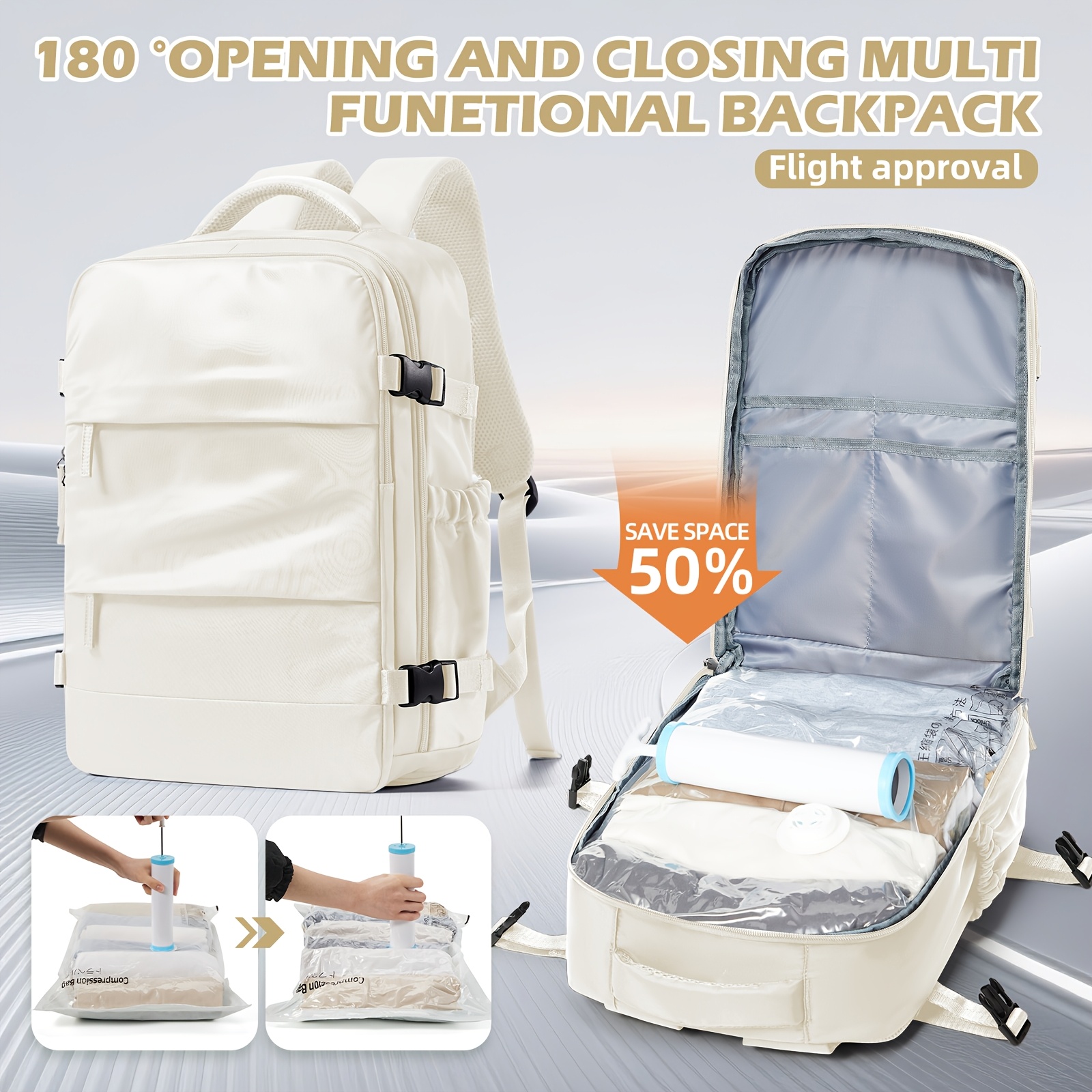 E-shop 3-teiliges Reiserucksack-Set mit Vakuum-Kompressionsbeutel Pumpe, geeignet für Handgepäck, Maße 40x30x20 cm, ideal für . Kann auch als