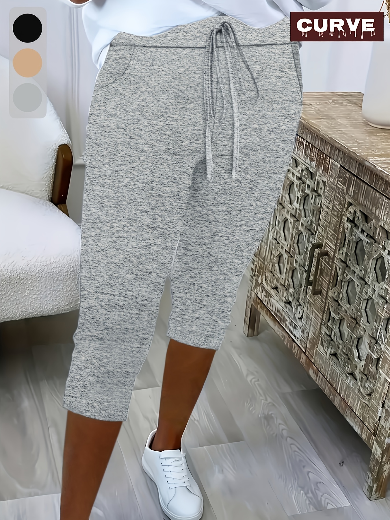 plus size women plus size casual elastic waist drawstring pocket capri pants solid color stretchy lounge trousers