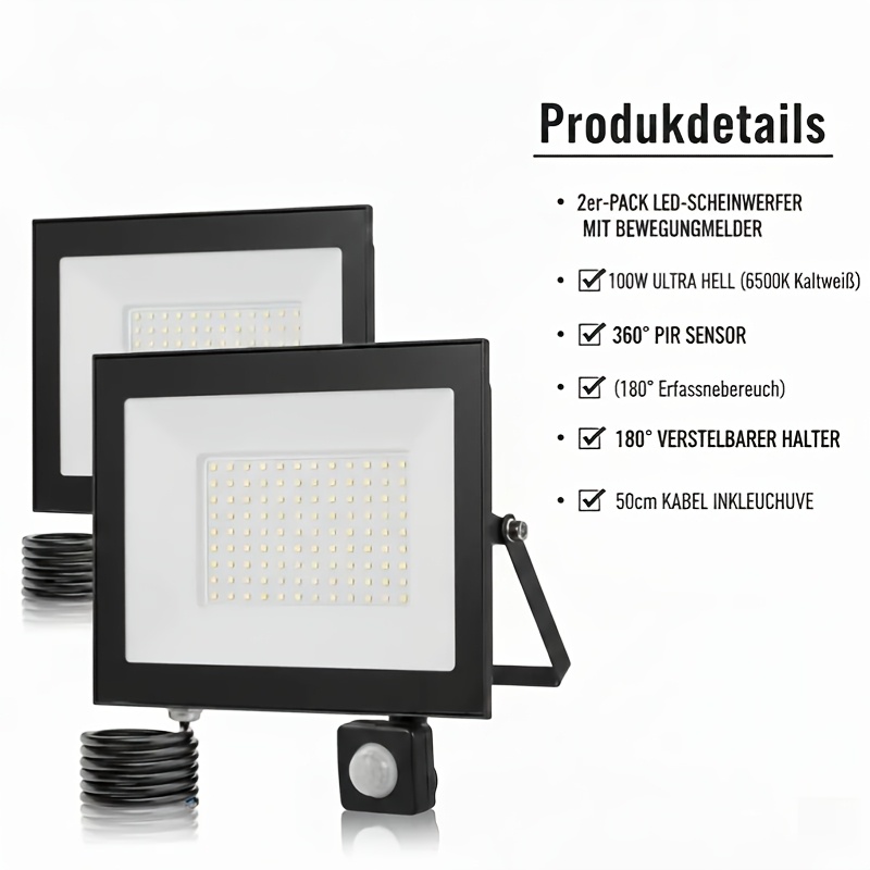 2-pack 100w Led Motion Sensor Indoor Security Lamp | 6500k Daylight, 360° Rotating Pir Sensor, High-performance Frameless Design, Covers 102 Sq M, 50cm Cable, Suitable For Large &