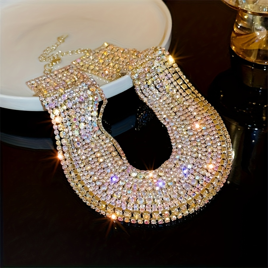 TEMU 1pc Iridescent Rhinestone Necklace, Fashionable Light Luxury High-end Clavicle Chain, Niche Design Sweet And Choker, Suitable For Women' And