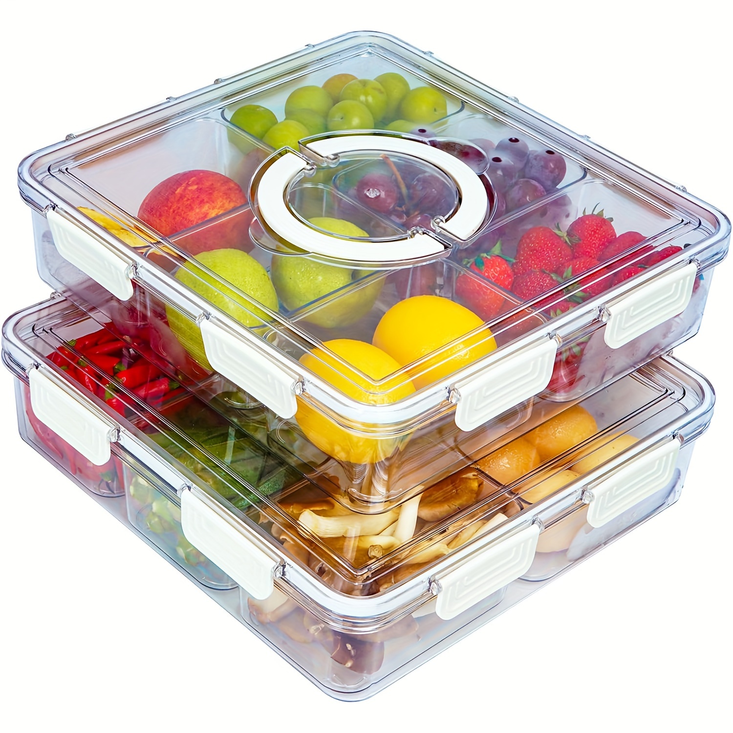 

1/2pcs, Upgraded Extra Large Refrigerator Fruit Storage Containers - Portable Picnic Box Vegetable Tray - Divided Tray With Lid And 2 Handles - Food Snack Storage Travel