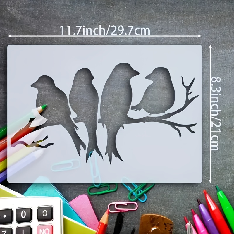 A Template Featuring 1 Branch And 4 Birds, A4 Size. Design, Washable And Reusable, Suitable For Crafts On Wood, Fabric, Paper, Walls, Canvas, And Floors
