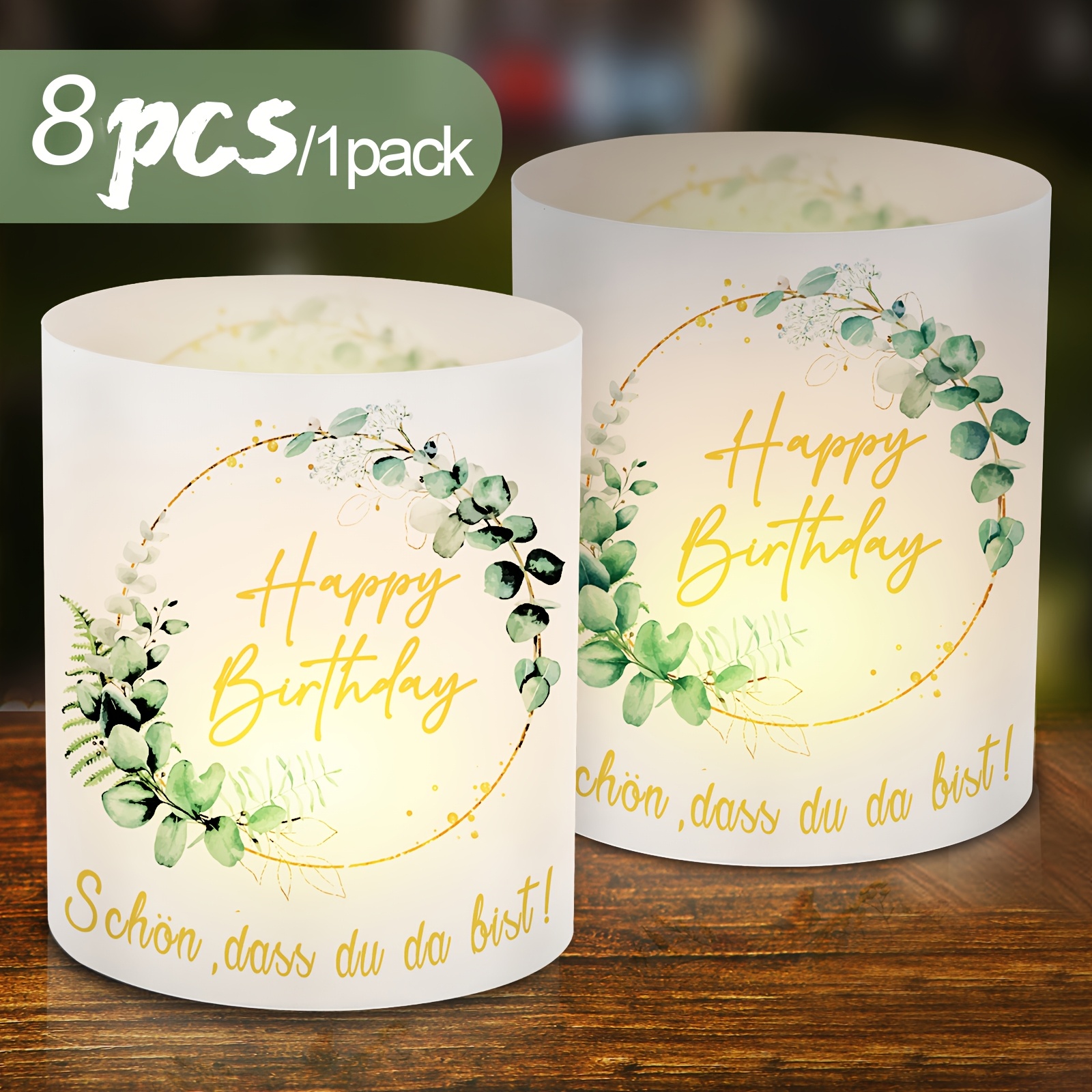 8pcs Happy Birthday Lantern Table Decoration Set - Eucalyptus Design Tea Light Candle Holder Cover, Suitable For Men's And Women's Birthday Parties And Celebrations, Exquisite Eucalyptus Lampshade