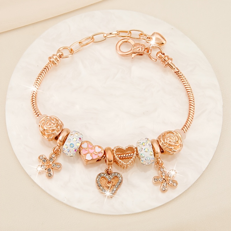 TEMU 1pc Women's Rose Golden Rhinestone Heart Pendant Bracelet With Flower & Adjustable Snake Chain - ///december Birthstone Gift Suitable For