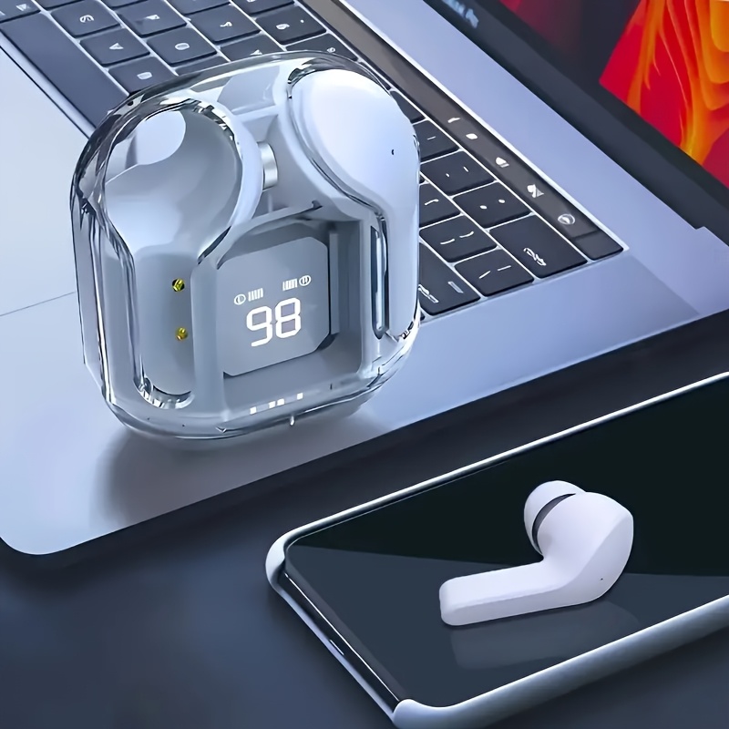 transparent wireless tws earbud headphones high fidelity touch control media noise cancelling voice call with type c charging case for exercise running gaming calls compatible with smartphones tablets laptops 150mah lithium polymer battery usb charging 2 5 5w power range closed back earphones with condenser mic no details 8