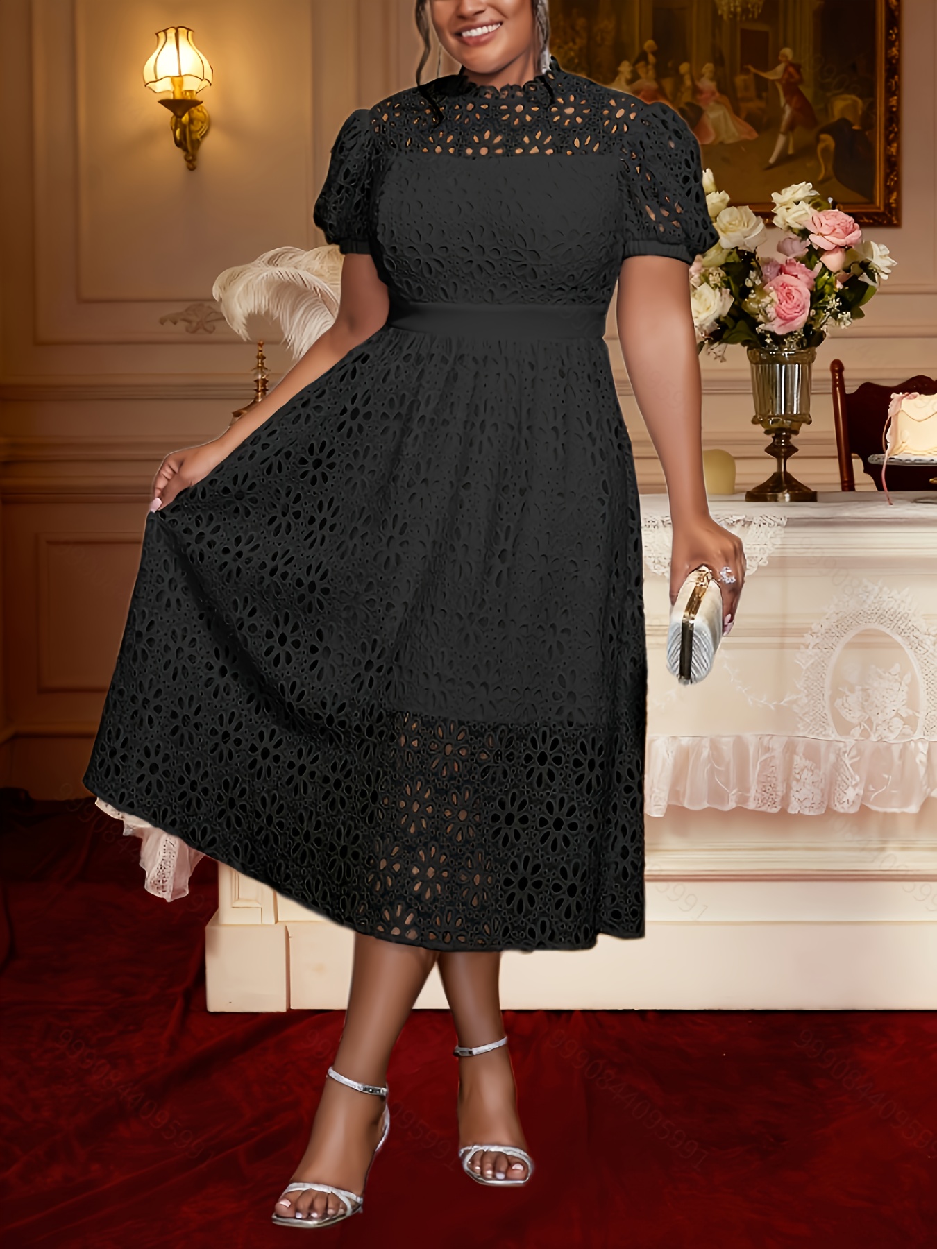 plus size elegant lace dress woman party hollow short - Temu Bahrain