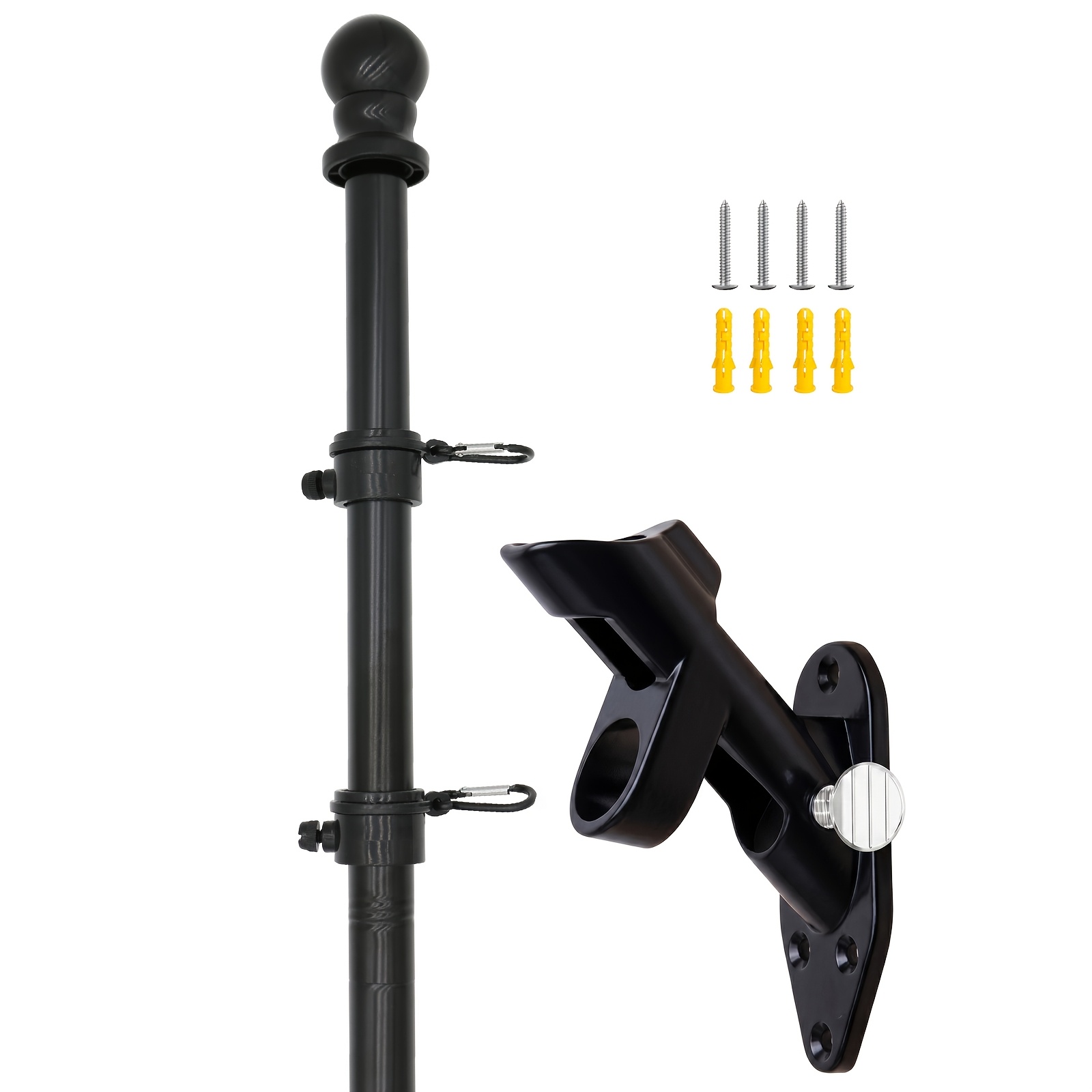 Image of 1 Set Black Flagpole Kit For Outside House - 5ft Stainless Steel Wall Mounted Flag Poles With Bracket & Flag Mounting Rings For Porch Yard Garden Outdoor Residential Or Commercial()