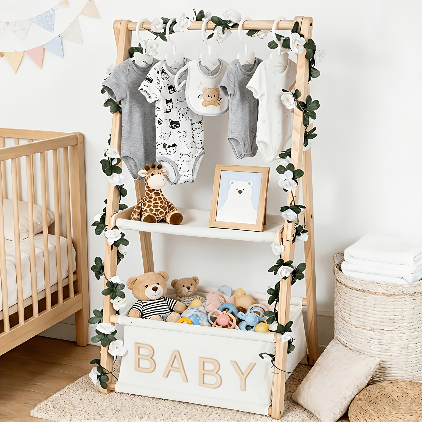 Image of Wooden Shower , Double-layered Basket With Hangers, Foldable Nursery Storage Crate For Shower, Clothing Display Rack & Gift Organizer, Christmas, Halloween