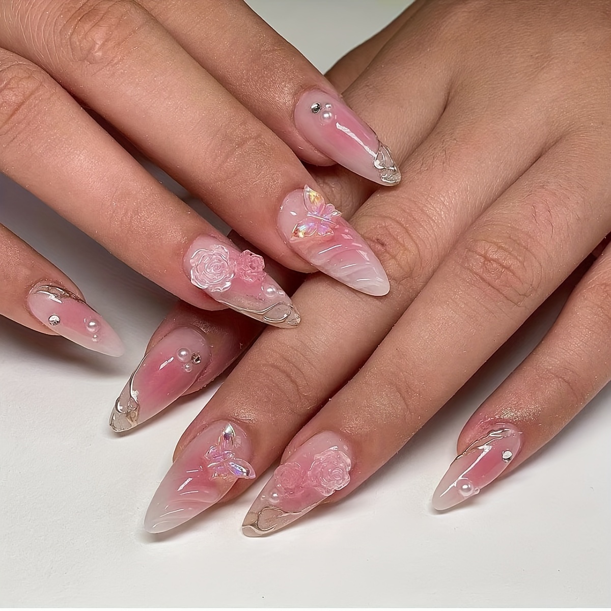 

dazzling" 24-piece Long Almond Press-on Nails Set - Handcrafted With Gold Glitter, 3d Water Ripple Design, Pink Blush & Camellia Accents, Aurora Rhinestone Butterfly False Nails Kit