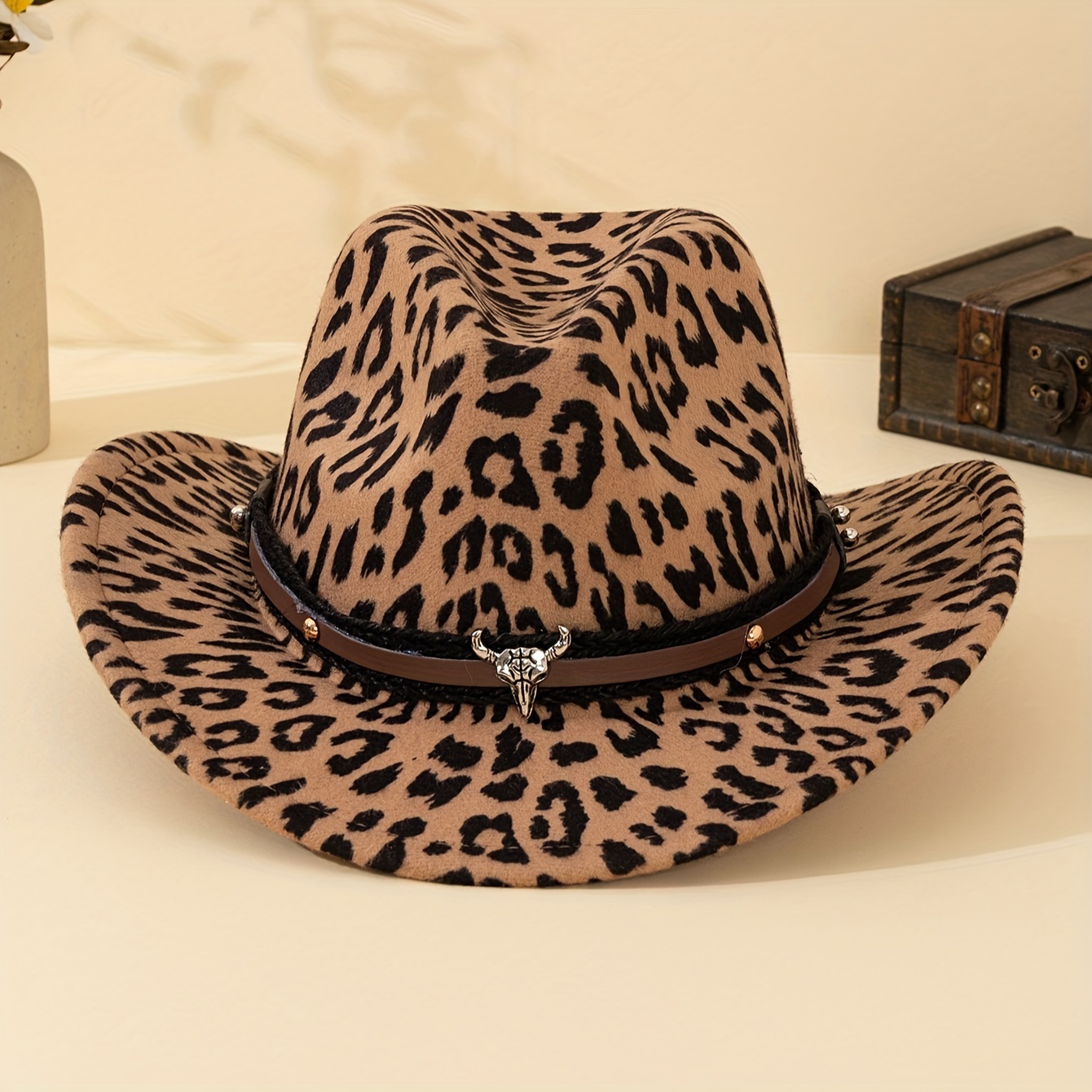 ?NWT Western Felted Ranchers Hat-Khaki with Leopard Print (around crown) Rhinestone Cowgirl Women main image 4