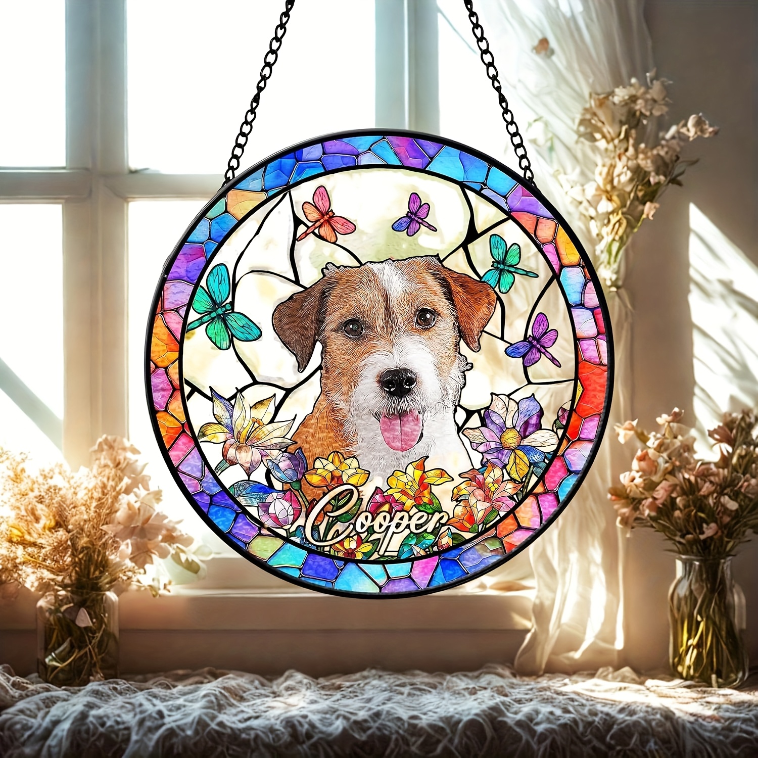 TEMU Personalized Stained Glass Sun Catcher Featuring A Custom Pet Portrait, A Memorial Piece For Dogs, Perfect As A Gift For Pet Enthusiasts And Dog