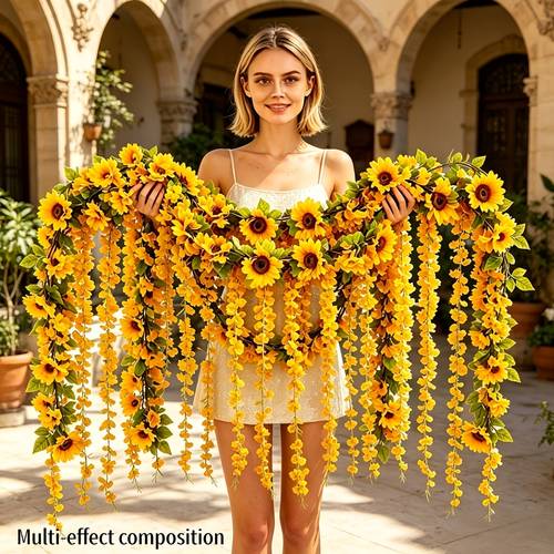 19pcs artificial sunflower with green leaves yellow wisteria flowers layered for a soothing look durable sun resistant and fade proof suitable for courtyard landscaping indoor decoration garden balcony and door