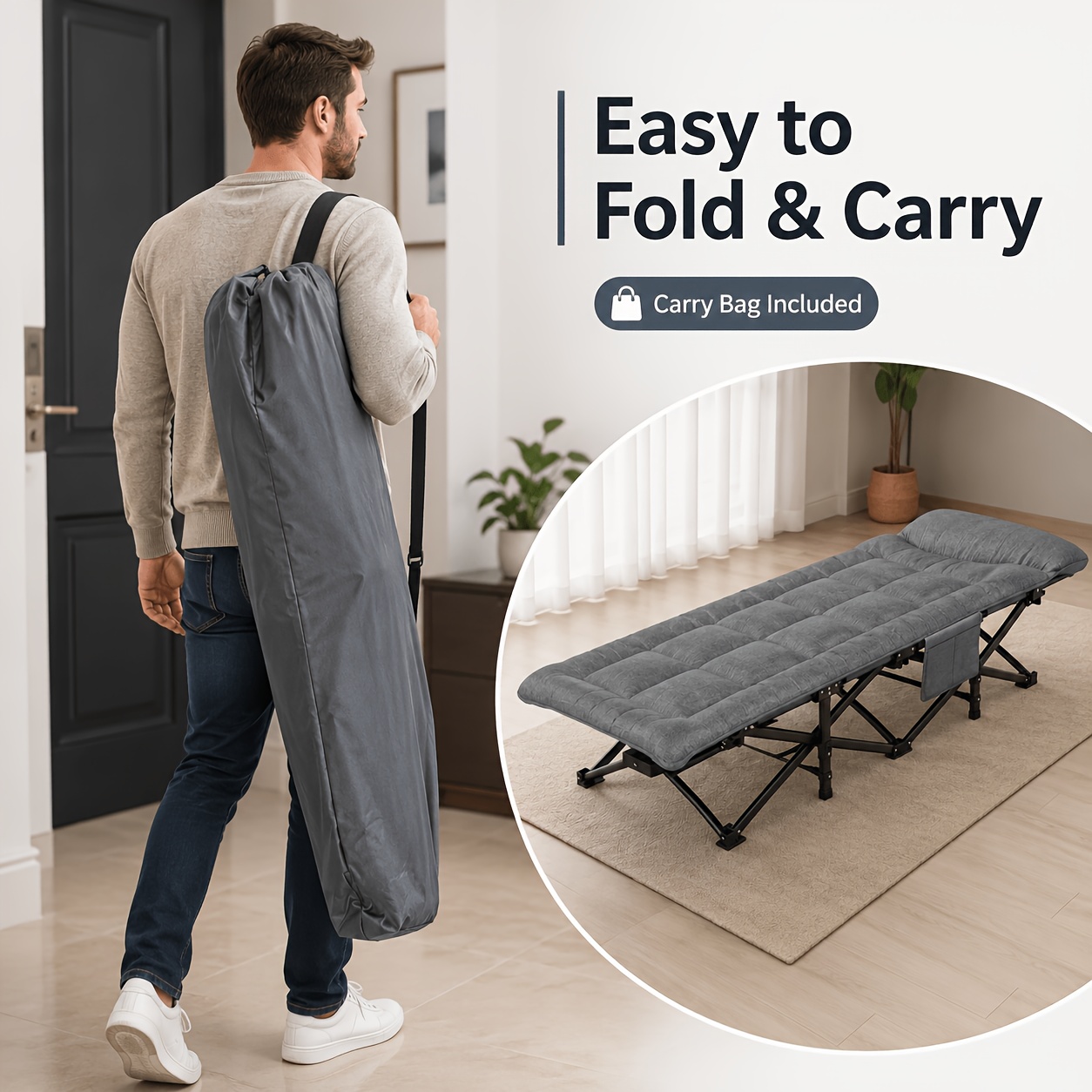 Image of Portable Folding Bed, 190 × 70cm, With A Thick Padded Mattress, Built-in Pillow, Side Storage Pocket, And Storage Bag, Suitable For Home Use, Office , Camping Trips, And Backup