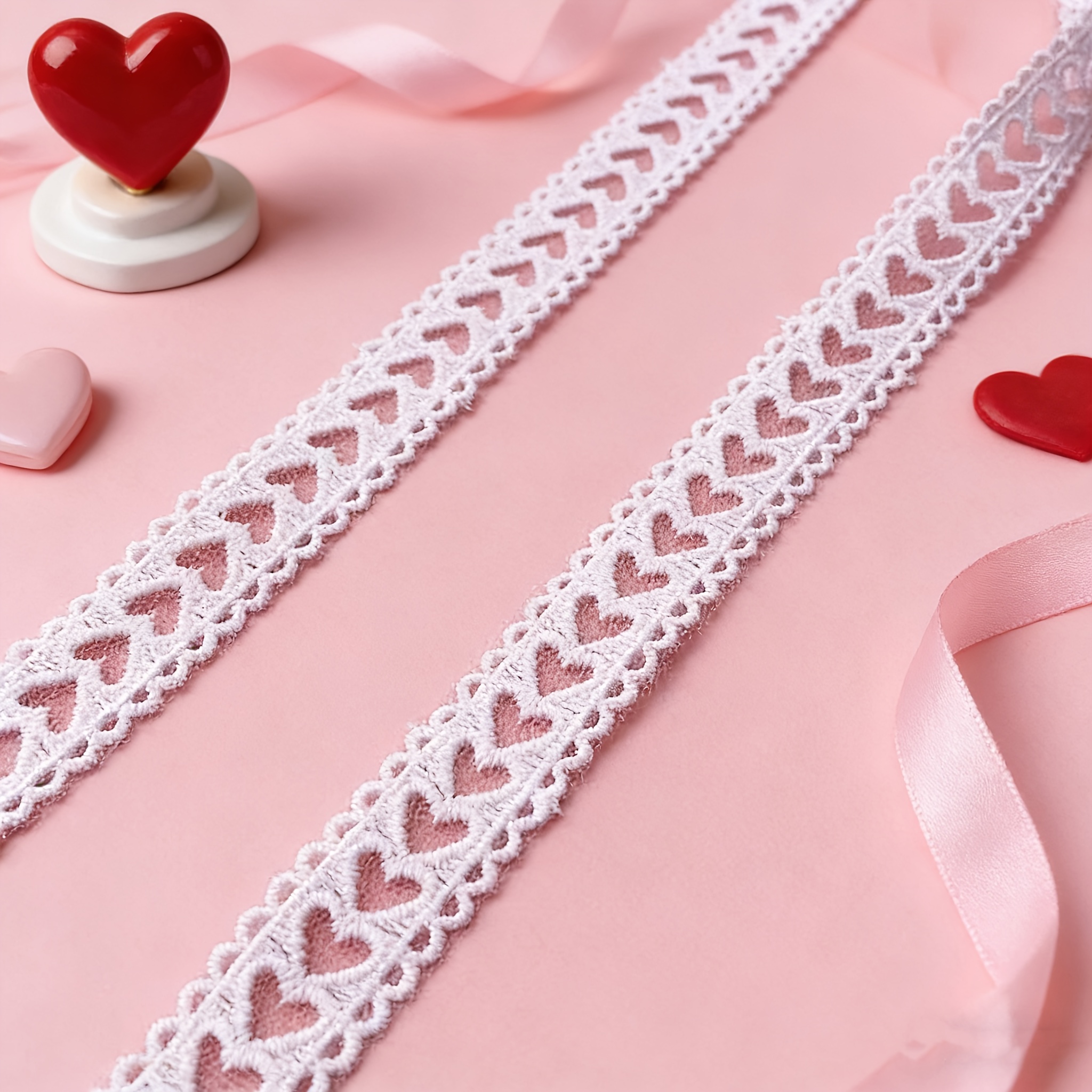Image of 10 Meters Of White Lace Ribbon, 1.8 Centimeters Wide, Featuring A Heart Pattern, Suitable For Valentine's Day Embroidery, Sewing Crafts, And Top Straps