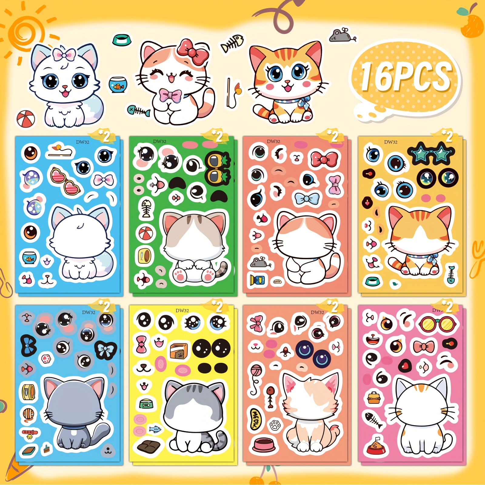 8pcs/16pcs/24pcs Cute Cat Puzzle Stickers For Laptops, Water Bottles, Phones, And Skateboards – Colorful, Fun For Tech And Additions, Mixed Color, Paper Material, Single Use