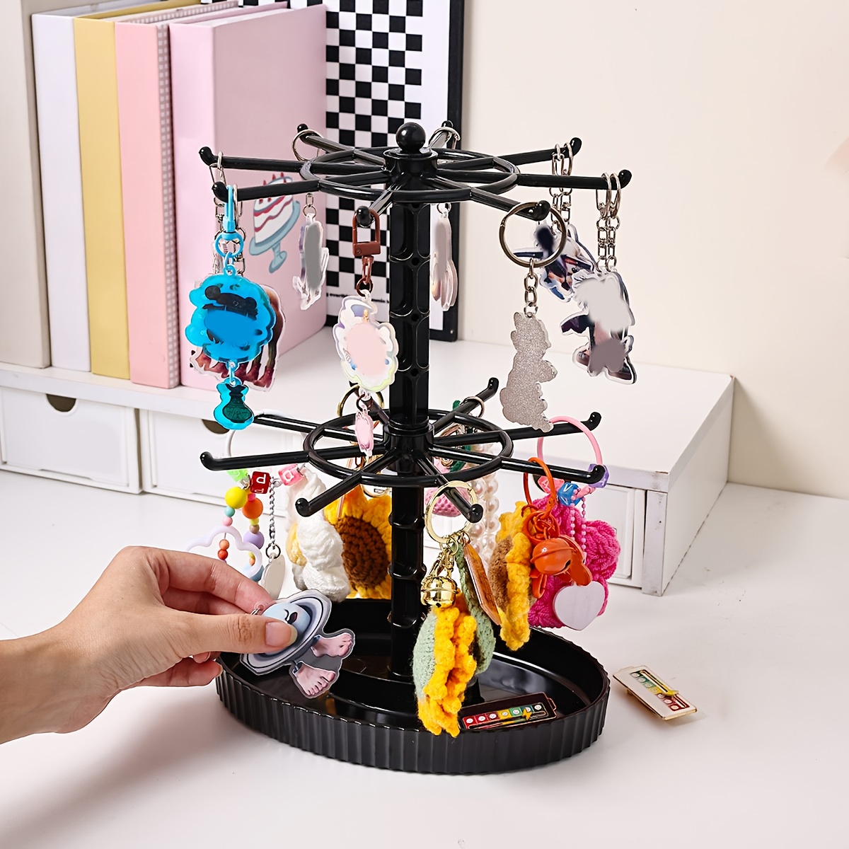 Black/Transparent Rotatable Key Hook Rack, Adjustable Height Jewelry Organizer