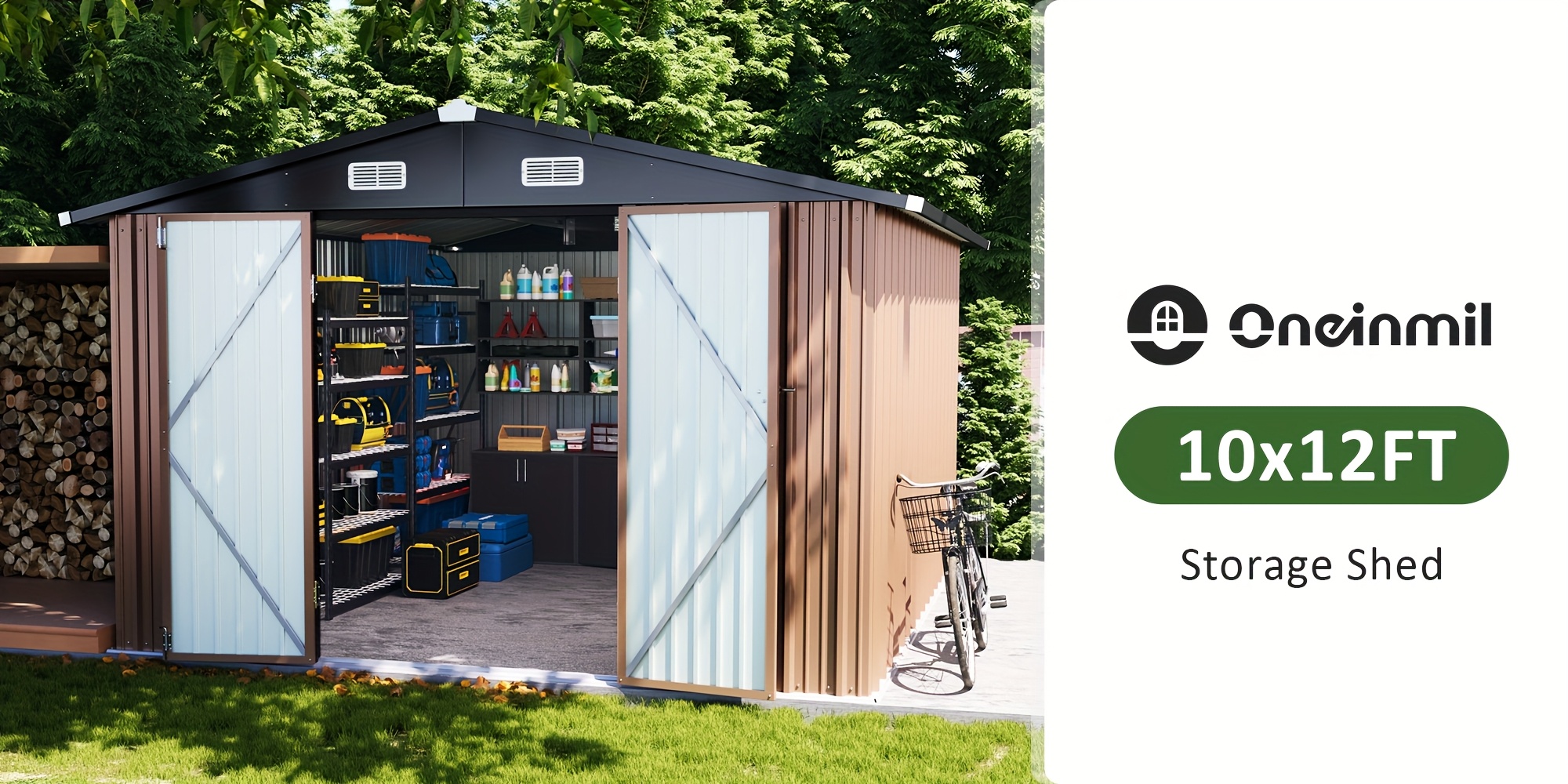 10x12ft Heavy-Duty Metal Tool Shed - Brown Weatherproof Storage for Garden Tools, Spacious & Durable with Sliding Doors, Ideal for Backyard, Lawn, or Garden Use, Outdoor Storage Shed, Sliding Door Design, Secure Sliding Doors