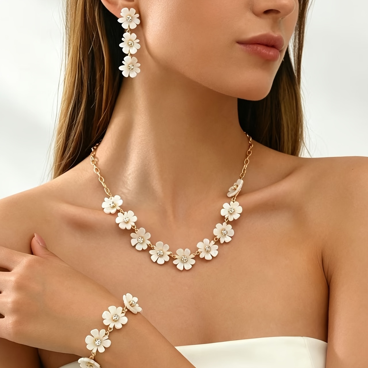 3pcs Elegant White Floral Patchwork Jewelry Set