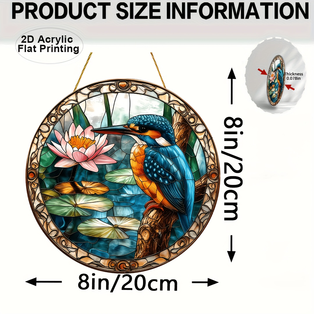 TEMU 2d Flat, 1pc Kingfisher And Lotus Window Hanging Decoration - Vintage Stained , Blue And Orange- And Lotus - Acrylic Window Decoration, Suitable