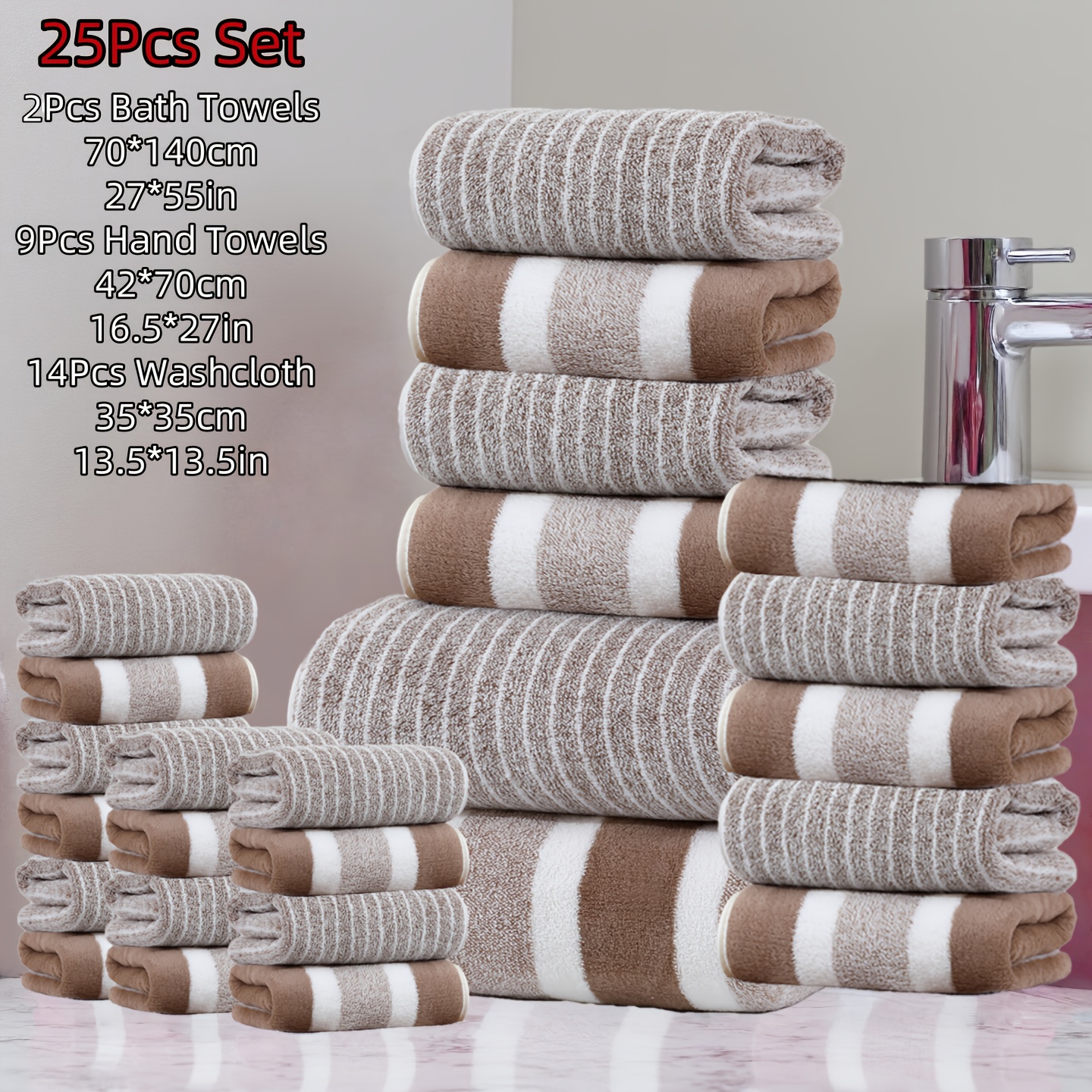 E-shop 25-teiliges Superweiches Korallen-Badetuch-Set, 2 Stück 70 x 140 cm Badetücher, 9 Stück 42 x 70 cm Handtücher, 14 Stück 35 x 35 cm ,