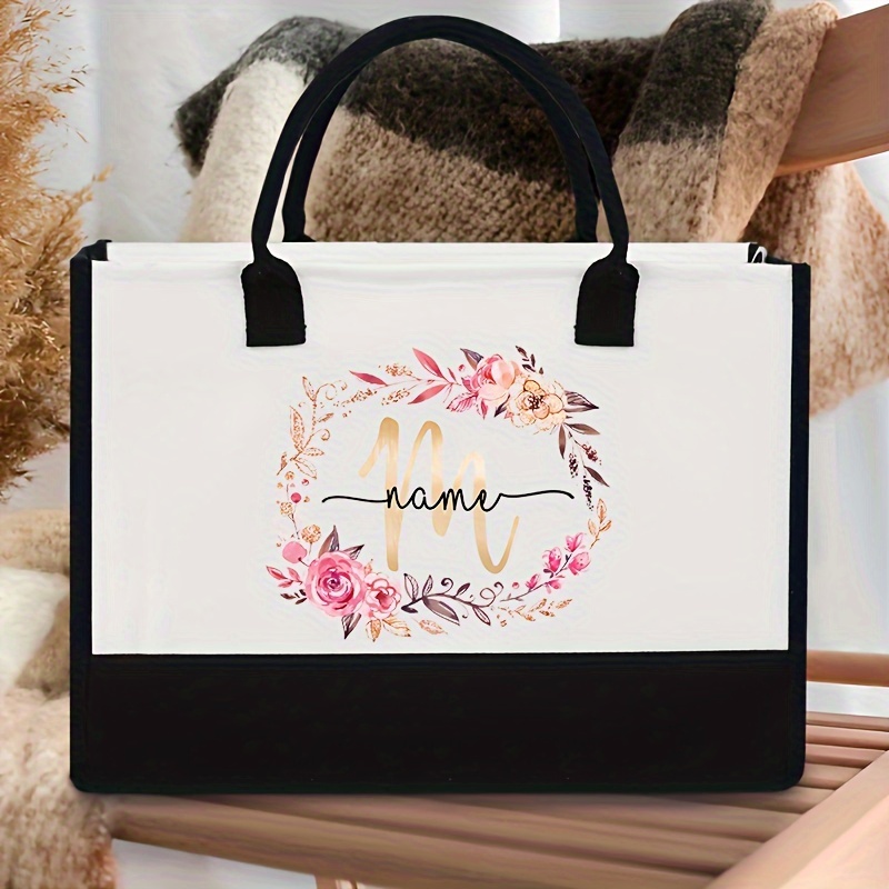 TEMU Sac fourre-tout personnalisé avec fleur et nom de personne pour femmes, sac à main personnalisé pour d', sac à bandoulière tendance, bretelles