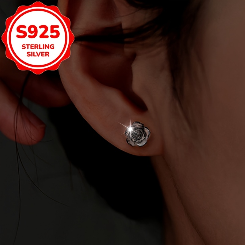 2pcs Women's 925 Sterling Silvery Gradient Rose Flower Stud Earrings