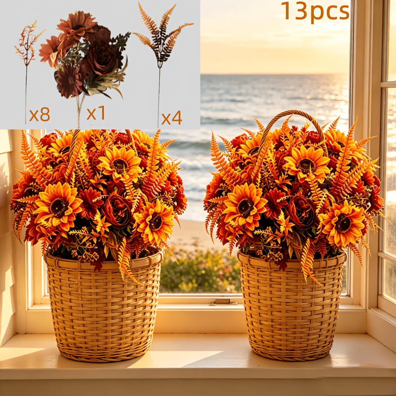 TEMU Autumn-themed Artificial Sunflower And Rose Bouquet, 13pcs Set With Harvest-themed Fern Leaves And Lavender. Maintenance-free And Uv-resistant,