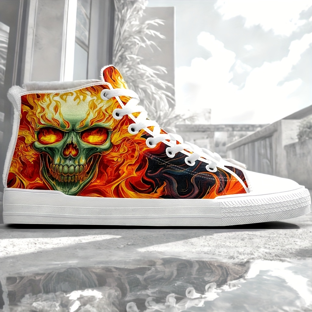 Men’s Fiery Skull High Top Canvas Shoes with Padded Collar, Flames and selling Flaming Skull Hi Top Sneakers