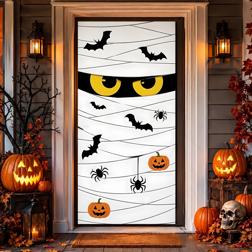 TEMU 2d Flat, 2d Door Banner, Halloween Door Cover With Bandage - Elastic Hem Bat Pumpkin Decoration Suitable For Entrance, Room, Parties - White