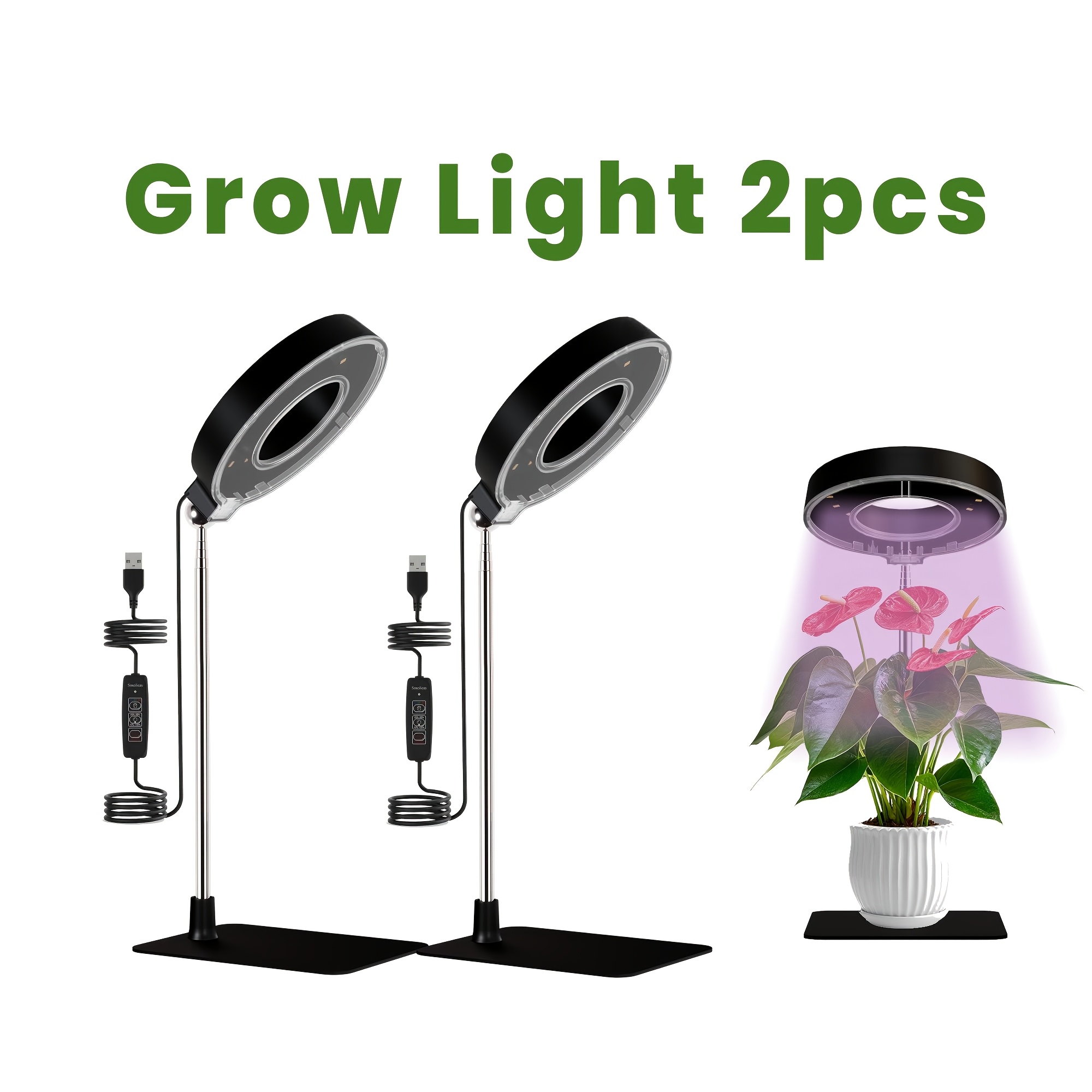 TEMU 2pcs Grow Light For Indoor Plants, Led Plant Lamp With Auto Timer, Height Adjustable And Dimmable Light For Any Angle, Seed Starting And Herbs