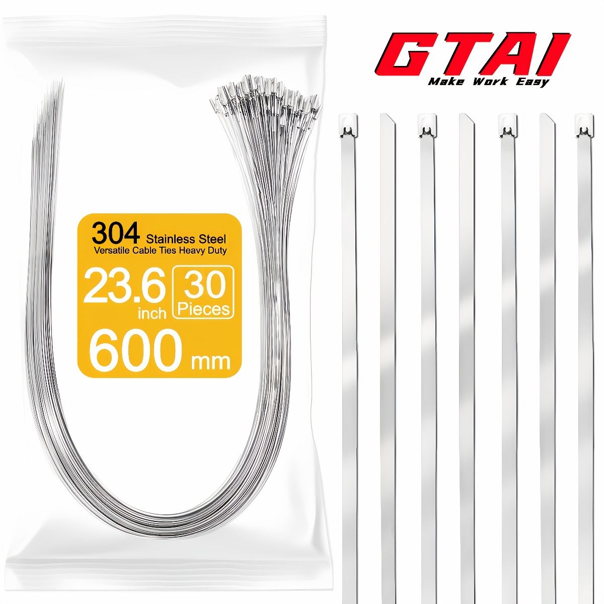 TEMU 30pcs Metal Cable Ties, 304 Stainless Steel Heavy-duty Cable Ties 7.9-47.2inch Self-locking Cable Ties 1200/1000/800/600/500/400/300/200mm For