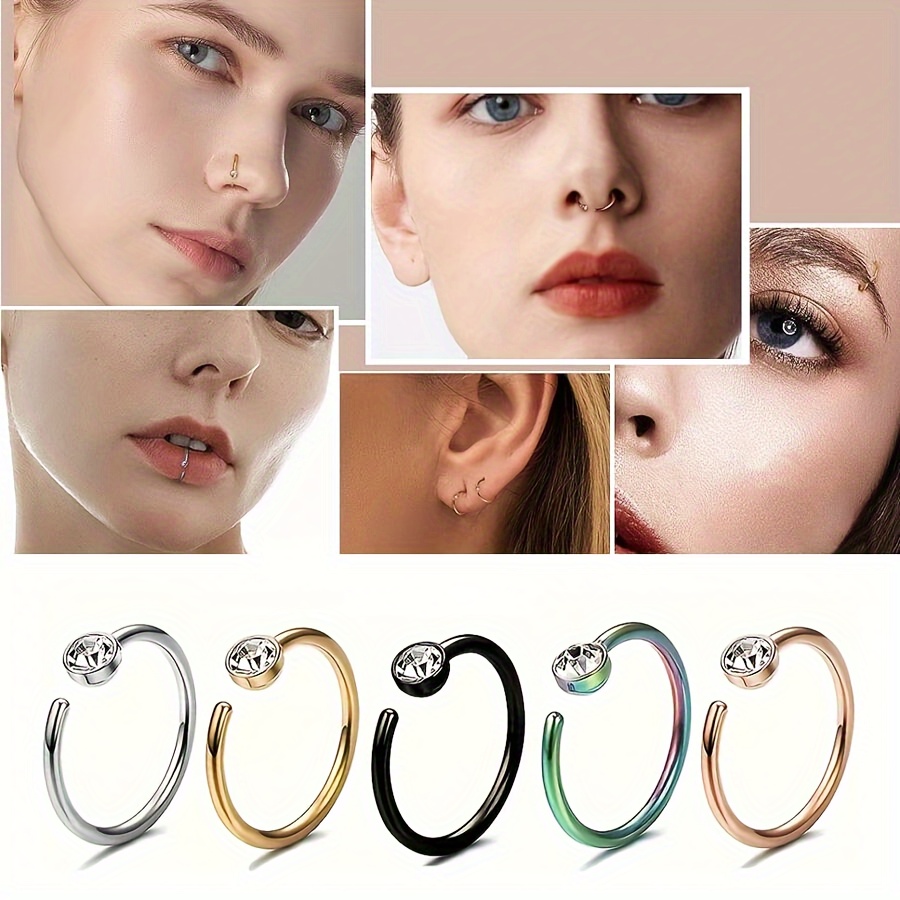 

18k Golden Plated Stainless Steel Nose Ring Hoop Set Of 5 - Sexy Style Zirconia Mosaic Nose Piercings For Daily And Vacation Occasions - Universal Fit Nose Hoops