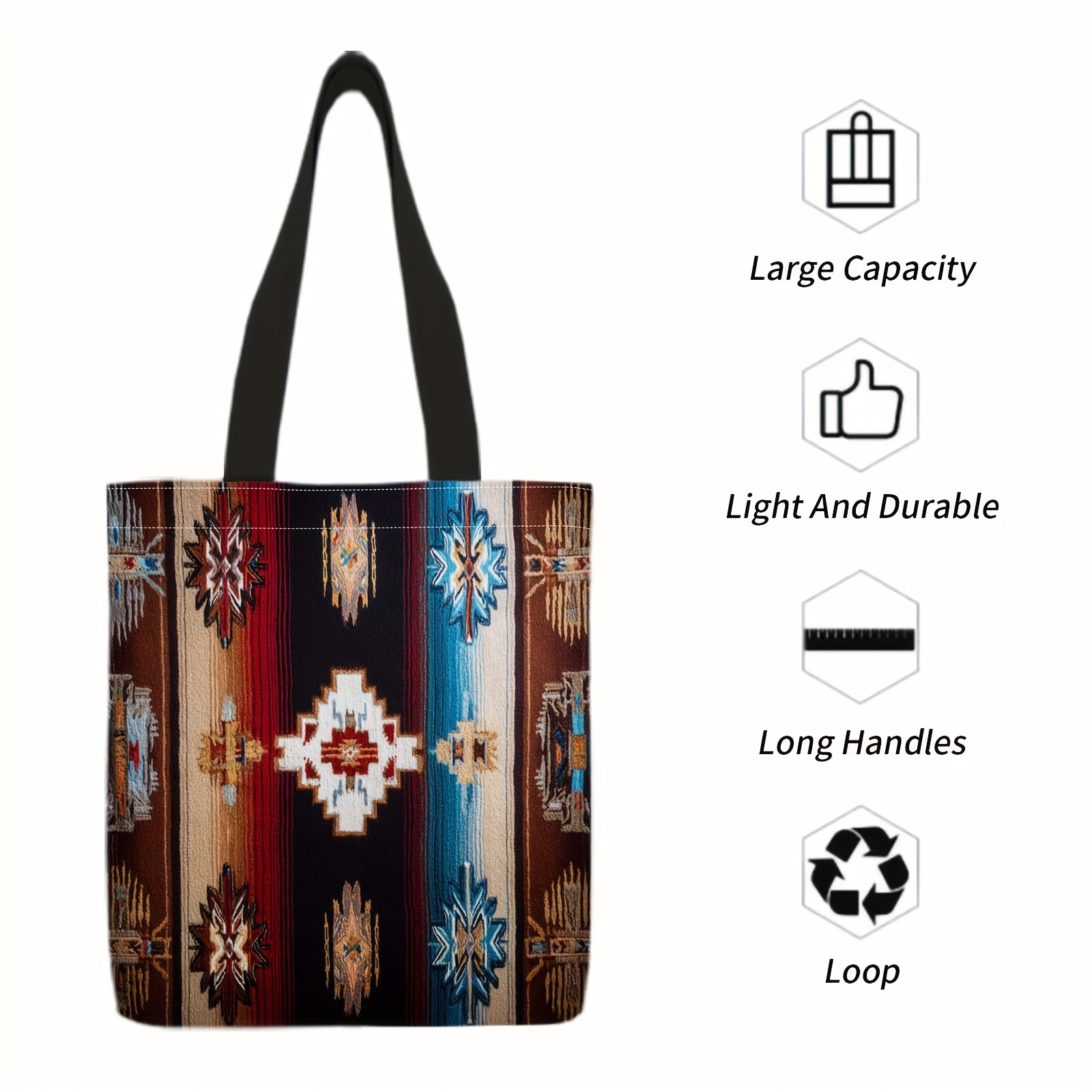 TEMU 1 Stylish Women's Southwestern Geometric Print Tote Bag - Durable Polyester Foldable Reusable Large Capacity Shoulder Bag For Shopping & Travel,
