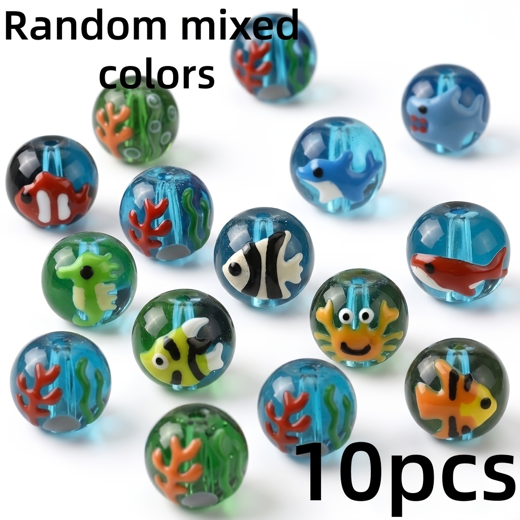 TEMU 10pcs Set Of 3d Embossed Random Mixed-color Ocean Animal Round Handmade Glass Beads, Transparent Blue Gradient Glass Decorative Beads, Suitable