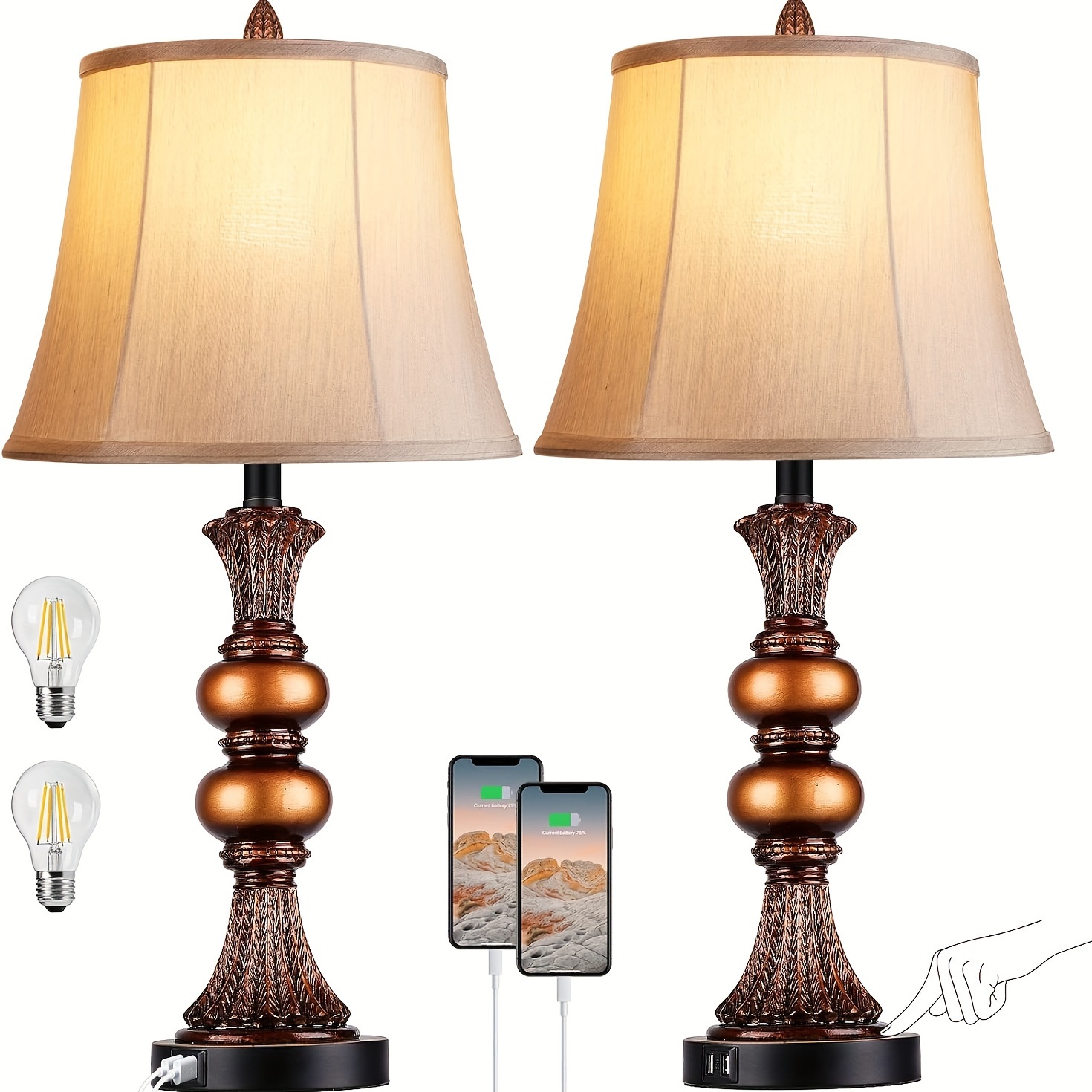 

Set Of 2 Traditional Table Lamp, 27"h Bedside Lamps With 2 Usb Charging , 3-way Dimmable Bronze Large Nightstand Lamps Faux Silk Shade For Living Room, Bedroom