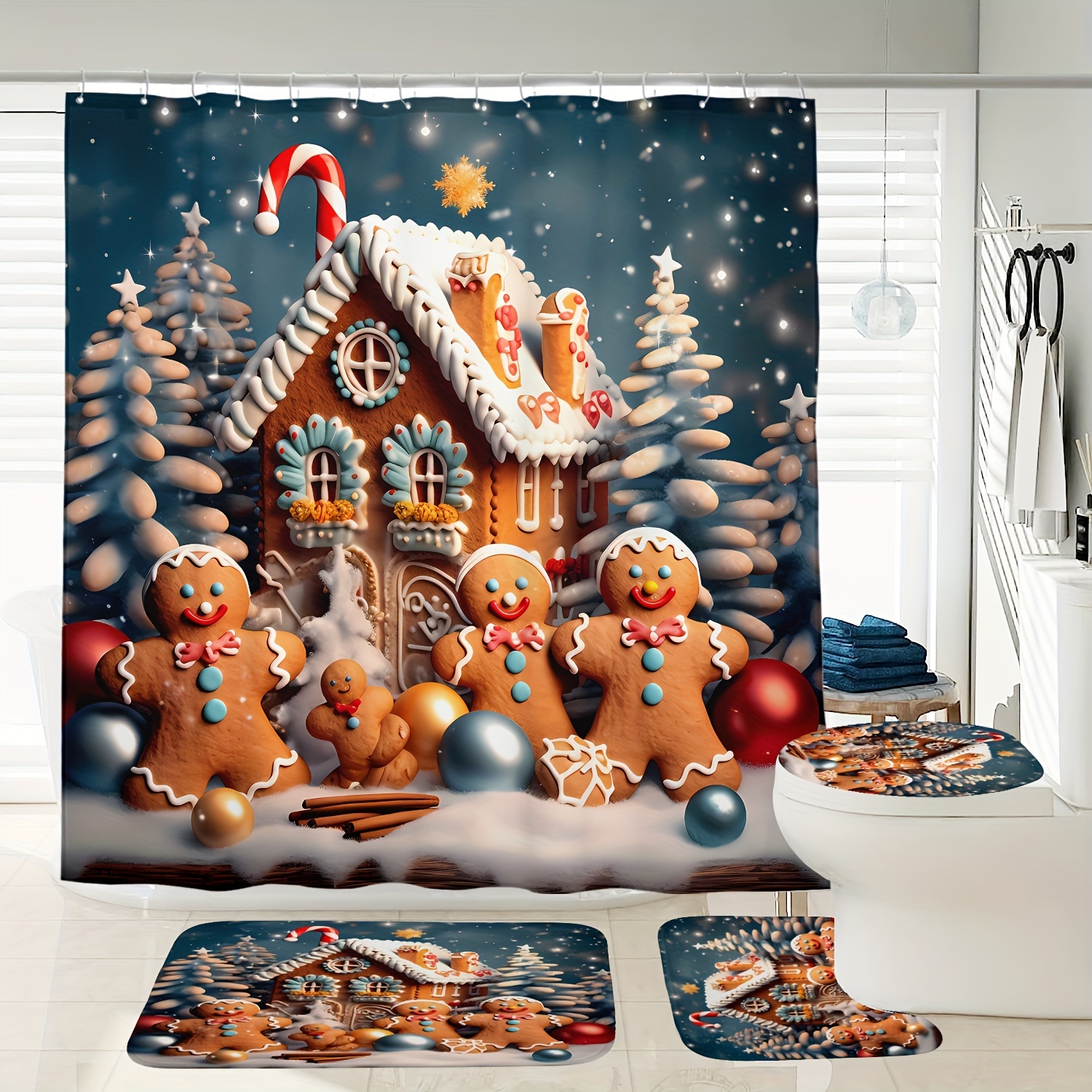 

Festive Christmas Gingerbread House Shower Curtain Set With Toilet Seat Cover And Bath Mats - 72" X 72" - Waterproof, Durable, And Decorative For Your Modern Bathroom